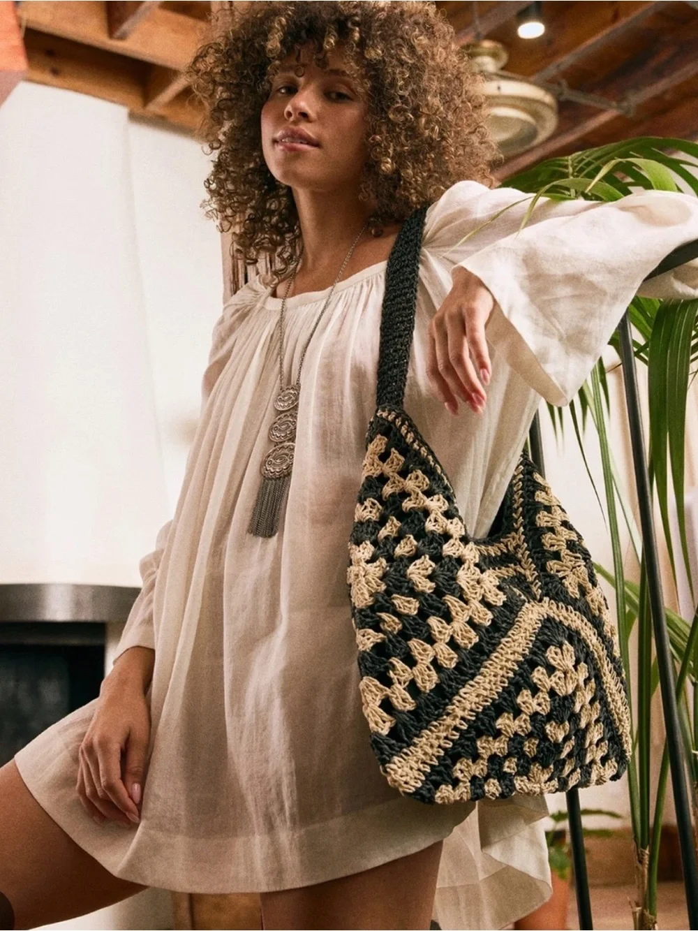 Steve Madden Beige and Black Crochet Bbora Bag